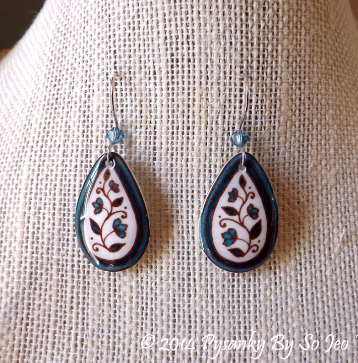 Turquoise and White Spring Vines Teardrop Earrings and Matching Necklace Pysanky Jewelry by So Jeo